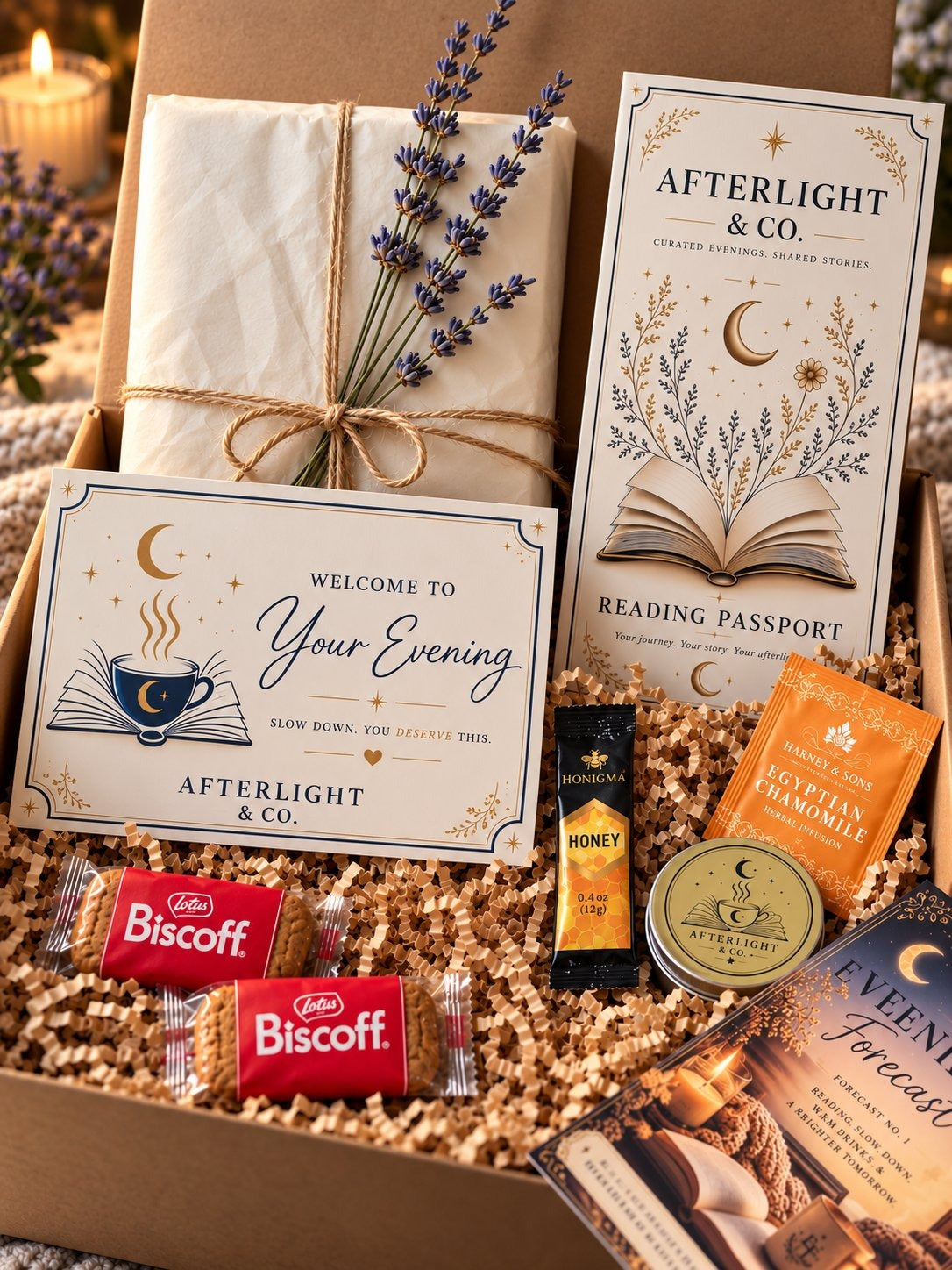 The Founder's Collection box, opened — wrapped book, Reading Passport, tea, honey, candle and treats
