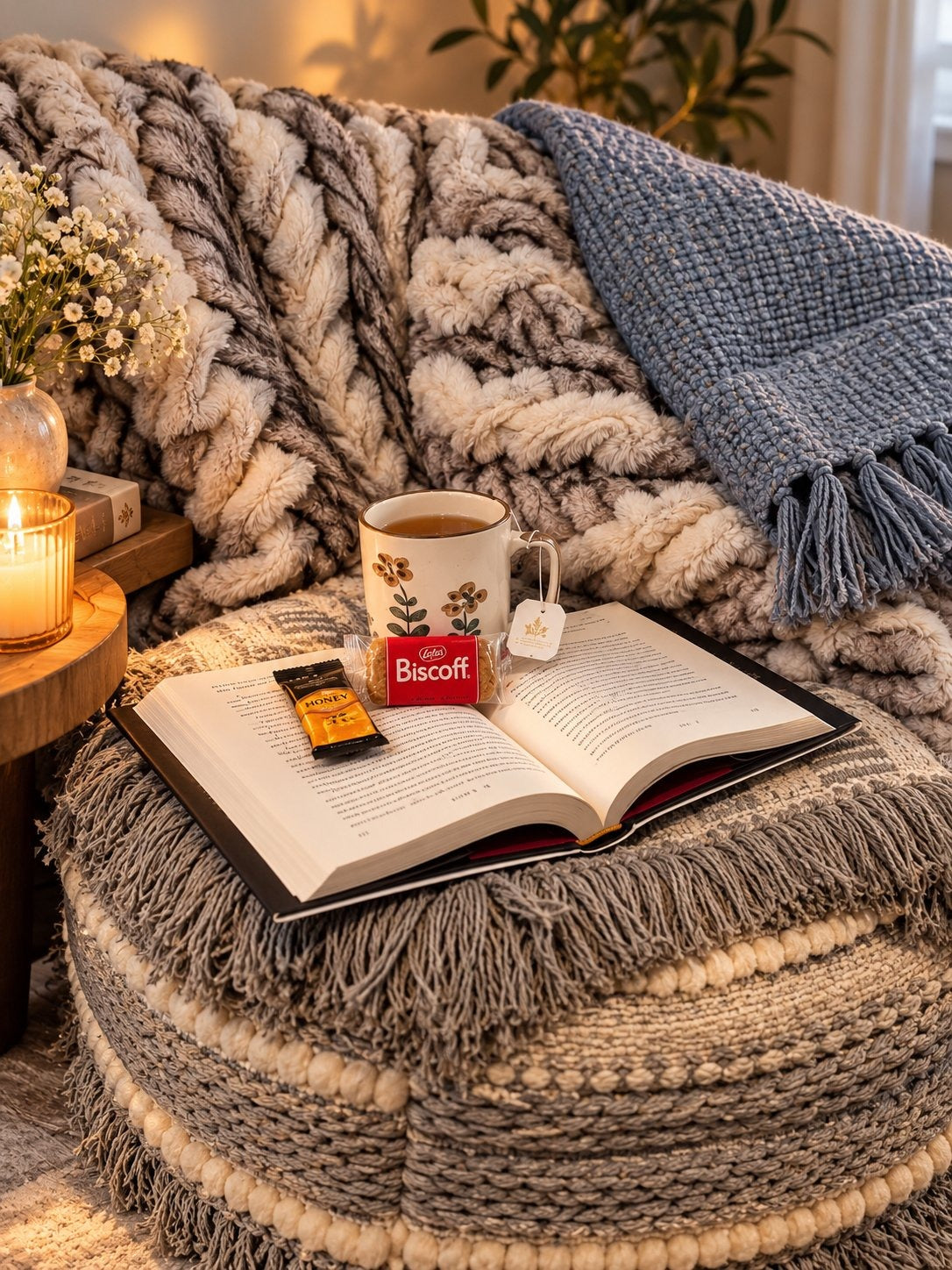 A glimpse of the evening: open book, tea, honey and a treat by candlelight