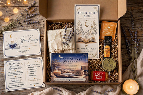 The Founder's Collection box — wrapped book, Reading Passport, Evening Forecast card, tea, honey, candle and treat