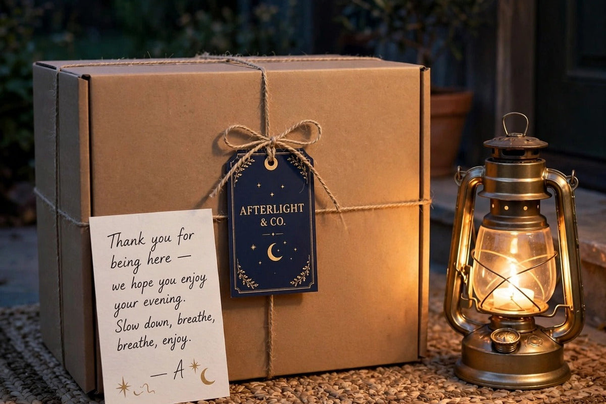 Afterlight & Co. Founder's Collection box on the doorstep, with lantern and thank-you card