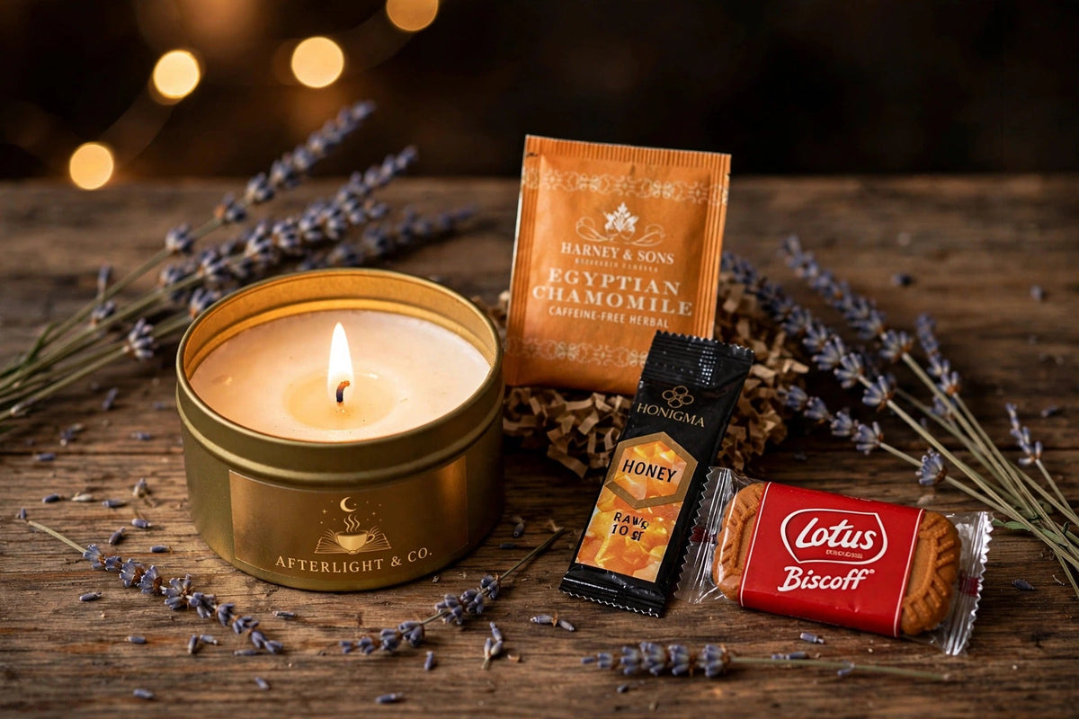 Candle, tea, honey and a treat, up close