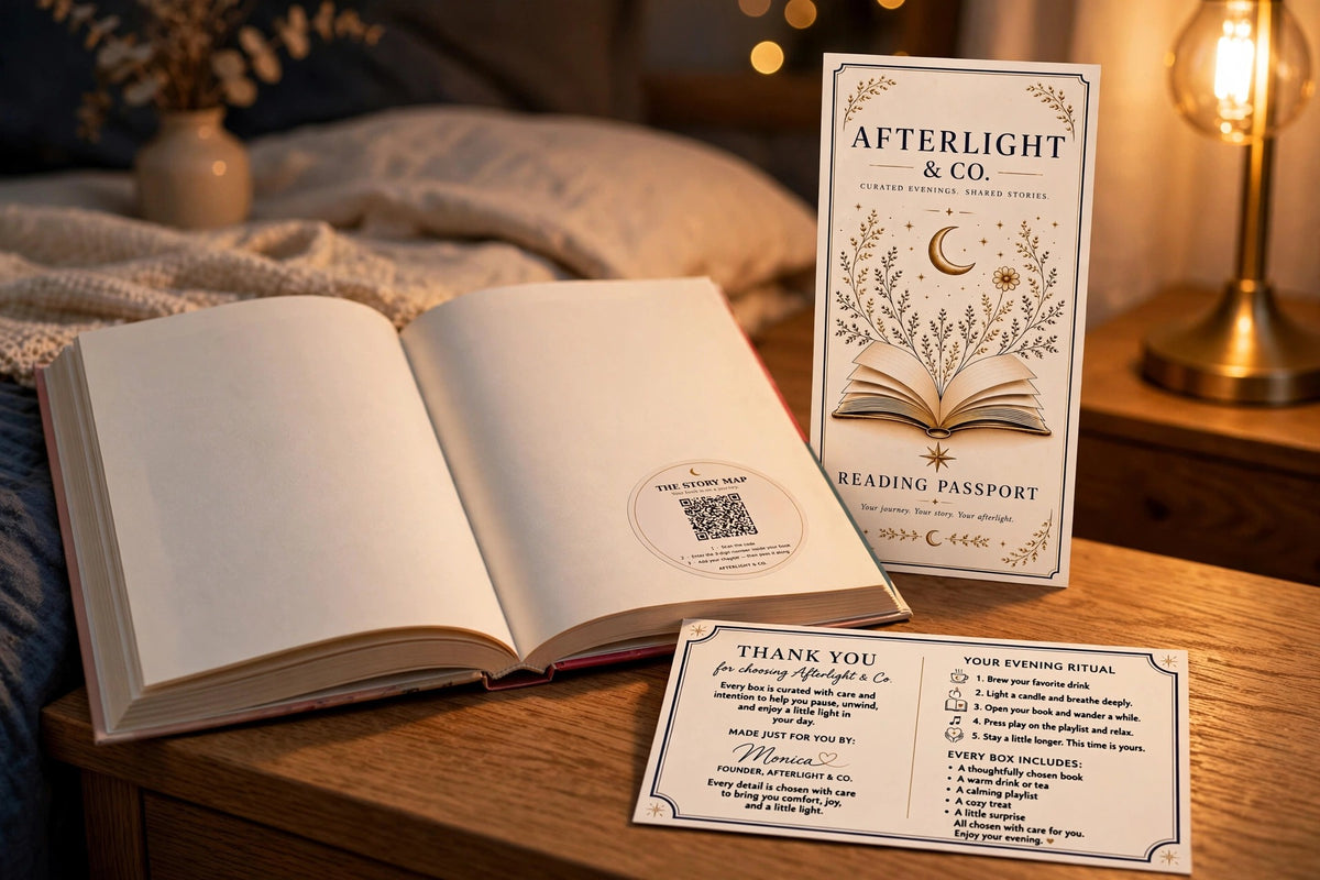 An Afterlight evening: open book with Story Map sticker, Reading Passport, and thank-you card