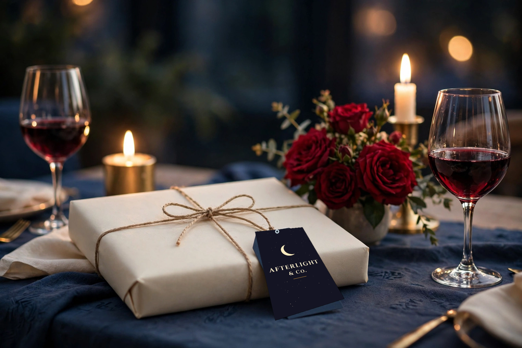 The Little Escape as an anniversary gift — wrapped book with the Afterlight & Co. navy hang tag on a candlelit dinner table with roses and wine