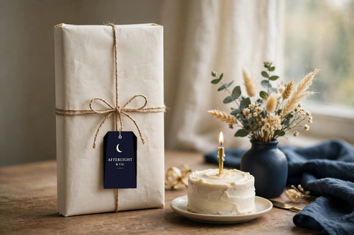 The Little Escape as a birthday gift — wrapped pre-loved book with the Afterlight & Co. navy hang tag beside a small birthday cake