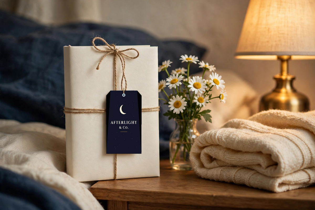 The Little Escape as a get-well gift — wrapped book with the Afterlight & Co. navy hang tag on a bedside table with daisies