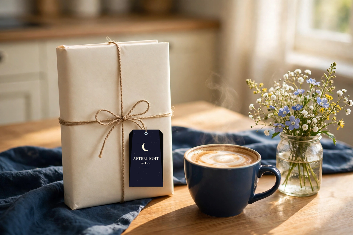 The Little Escape as a thank-you gift — wrapped book with the Afterlight & Co. navy hang tag in morning light with coffee and wildflowers