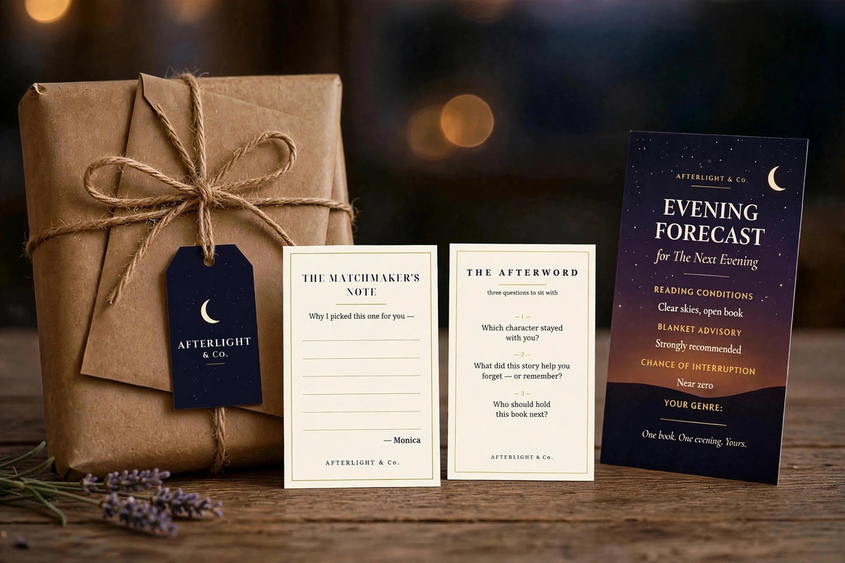 The Next Evening — parcel with navy hang tag, cards, no candle